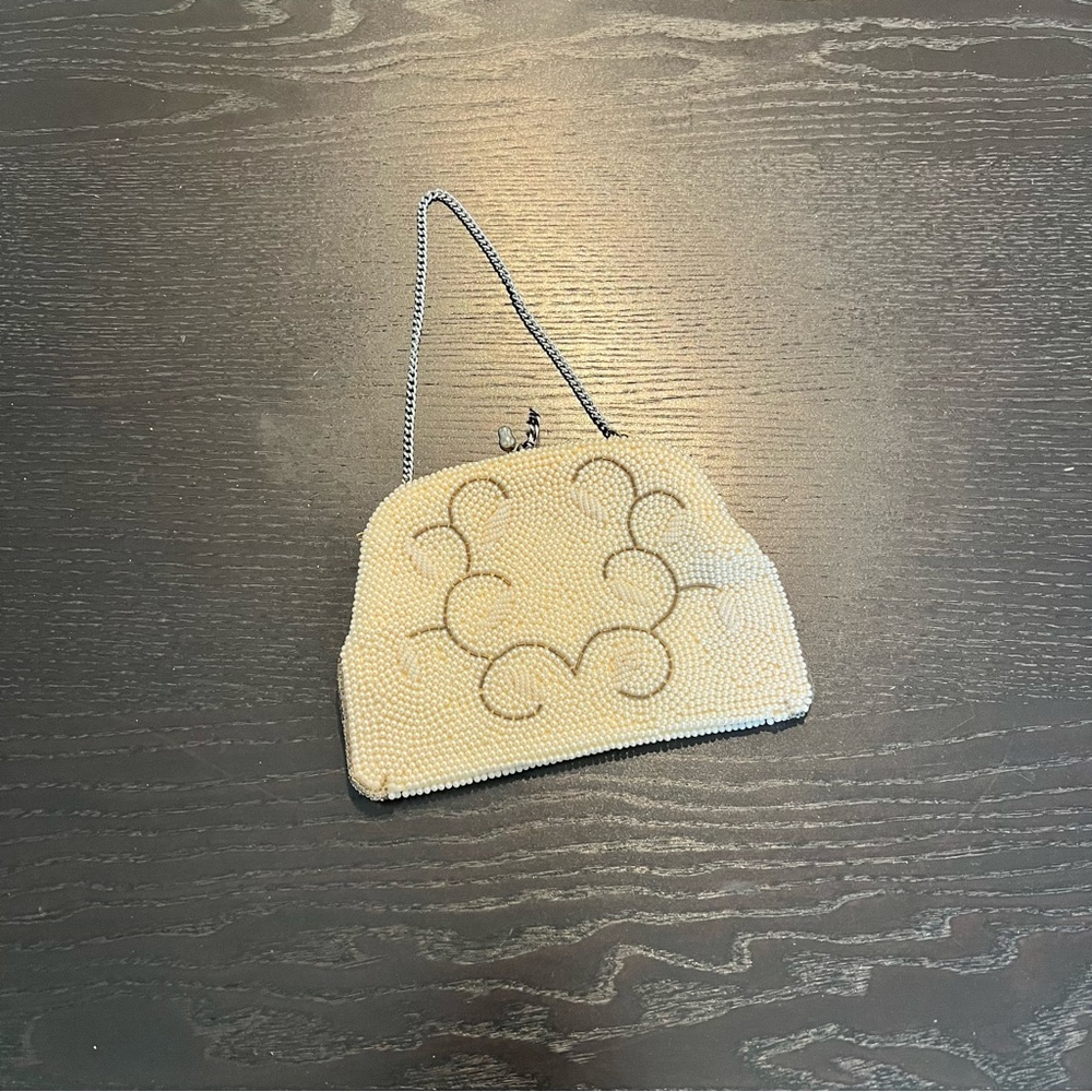 Vintage Cream Beaded Clutch with Silver Chain